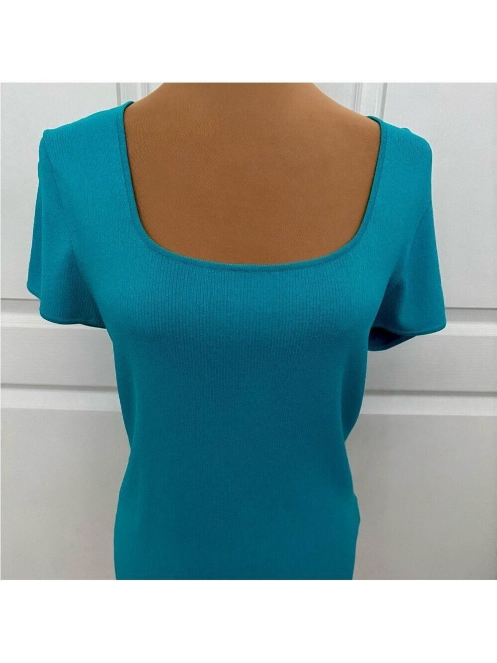 Kasper Turquoise Ribbed Knit Top | Wide Square Neck | Size Large - Picture 3 of 10